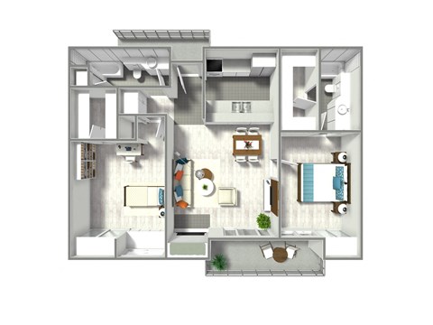 A 3D floor plan of a house with a kitchen, living room, and bathroom.
